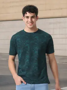 Urbano Fashion Men Teal Blue Tropical Printed Round Neck Pure Cotton T-shirt