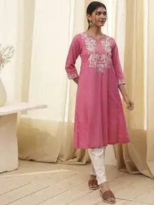 Biba Floral Embroidered Notch Neck Pure Cotton A-line Kurta