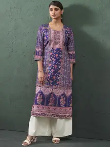 Anouk Purple Ethnic Motifs Printed Mirror Work Round-Neck Straight Kurta