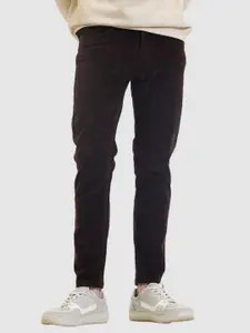 Snitch Men Dark Brown Textured Slim Fit Trousers