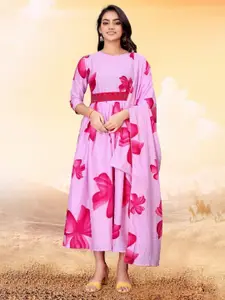 Raiyani Fashion Women Floral Printed Cotton Fit & Flare Ethnic Dress With Dupatta