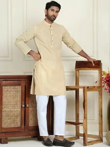 Anouk Beige Geometric Self Design Mandarin Collar Pure Cotton Kurta with Pyjamas