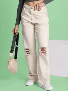 Bene Kleed Women Ecru Straight Fit Slash Knee Jeans