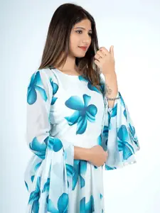 Raiyani Fashion Women Floral Printed Round Neck Fit & Flared Maxi Dress Comes & Dupatta