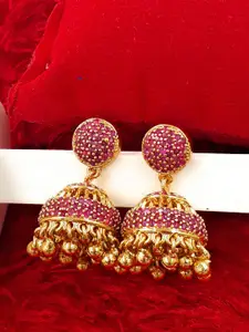 Anujeet Fashion Hub Gold-Plated American Diamond Studded & Beaded Dome Shaped Jhumkas
