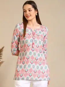 AURELIA Ethnic Motifs Printed Notch Neck Pure Cotton Kurti