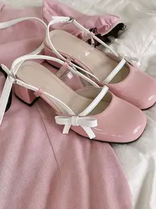 Street Style Store Square Toe Bows detailed Block heel Mary Janes