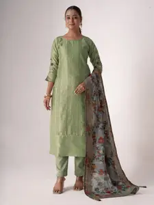 ODETTE Green Tusser Silk Designer Geometric Embroidered Semi-Stitched Dress Material