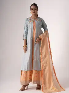 ODETTE Orange Art Silk Designer Floral Embroidered Semi-Stitched Dress Material