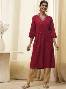 Biba Floral Embellished Sequinned V-Neck A-Line Straight Kurta