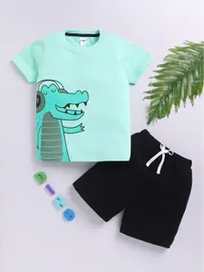 LITTLE NINJA Boys Printed Round Neck Pure Cotton T-shirt With Shorts