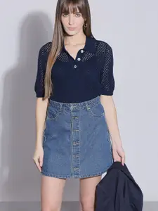 Vero Moda Women Self Design Shirt Collar Cotton Top