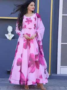 Raiyani Fashion Women Floral Printed Round Neck Fit & Flared Maxi Dress With Dupatta