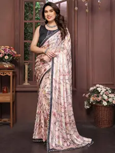 KALINI Floral Printed Sequinned Satin Saree