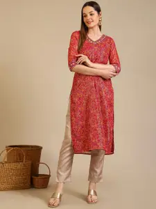 AURELIA Ethnic Motifs Printed Sequinned V-Neck Straight Kurta
