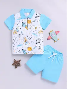 LITTLE NINJA Boys Printed Polo Collar Pure Cotton T-Shirt With Shorts