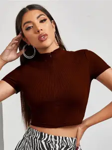 classy fashion Cotton Half Zipper Ribbed Crop Top