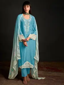 ODETTE Floral Embroidered Round Neck Semi-Stitched Dress Material