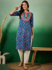 Sangria Floral Printed Gotta Patti Cotton Kurta