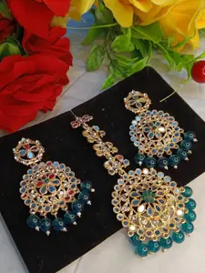 DIVASTRI Gold-Plated Mirrors Studded & Pearls Beaded Maang Tika & Earrings