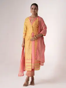 ODETTE Peach & Yellow Art Silk Printed & Embroidered Semi-Stitched Dress Material