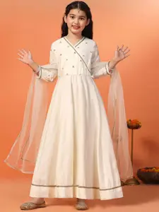 Sangria Girls Embroidered Chanderi Maxi Length Dress With Dupatta