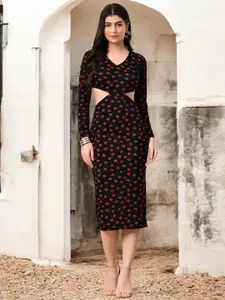 IUGA Floral Print Cut-Outs  Detail Sheath Midi Dress