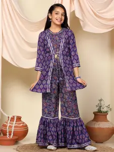 Sangria Girls Floral Printed Round Neck Crop Top And Shrug With Sharara