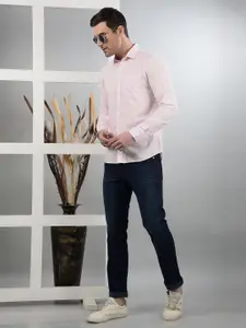 Crimsoune Club Men Classic Slim Fit Spread Collar Vertical Striped Cotton Casual Shirt