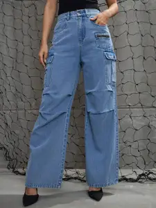 SASSAFRAS Women Comfort High-Rise Acid Wash Bootcut Cargo Styles Jeans