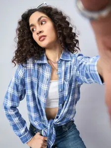 CHIMPAAANZEE Women Oversized Fit Spread Collar Tartan Checked Casual Shirt