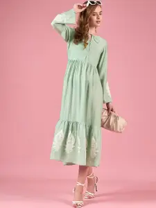 all about you Women Bohemian Embroidered Bell Sleeve Fit & Flare Midi Dress