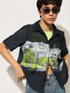 ONLY Women onlRHINE Boxy Fit Spread Collar Graphic Printed Casual Shirt