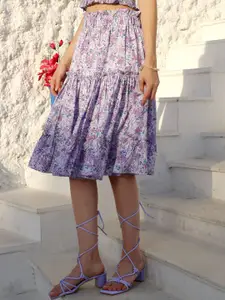 Sera Floral Printed Flared Tiered Knee Length Skirt