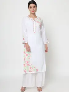 PARAMOUNT CHIKAN Floral Lucknowi Chikankari Notch Neck Straight Kurta