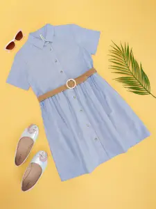 Pantaloons Junior Girls Solid Cotton Shirt Collar Fit & Flare Dress Comes with a belt