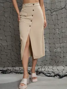 SASSAFRAS Women Denim Front Button A-Line Midi Skirt