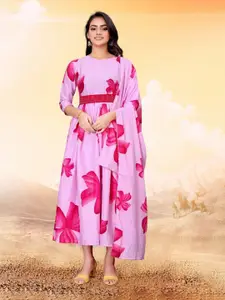 Raiyani Fashion Floral Printed Fit & Flare Midi Ethnic Dress With a Dupatta