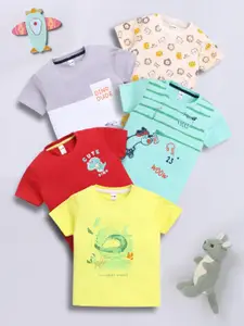 LITTLE NINJA Boys Pack Of 5 Graphic Printed Round Neck Cotton T-shirts