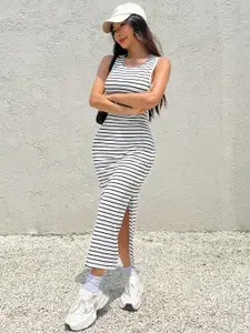 AAHWAN Monochrome Striped Backless Bodycon Dress