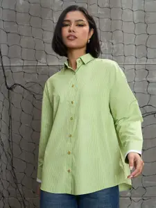 SASSAFRAS Women Relaxed Oversized Fit Spread Collar Vertical Striped Casual Shirt