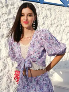 Sera Floral Printed Puff Sleeves Crop Tie-Up Shrug