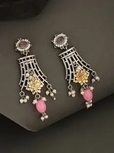 ATIBELLE German Silver-Plated Artificial Stones Studded Contemporary Shaped Drop Earrings