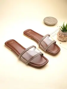 Styli Women Open Toe Transparent Strap Rhinestone Detail Flats