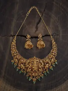 Kushal's Fashion Jewellery Ruby-Green Gold-Plated Stone Studded & Beaded Antique Necklace
