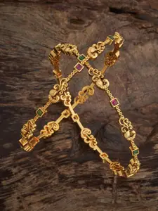 Kushal's Fashion Jewellery Set Of 2 Green Gold-Plated Ruby Studded Ethnic Antique Bangle