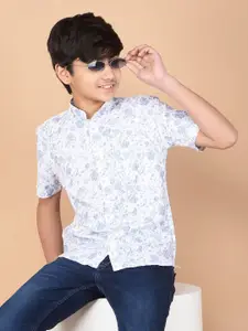 Crimsoune Club Boys Classic Slim Fit Band Collar Abstract Printed Cotton Casual Shirt