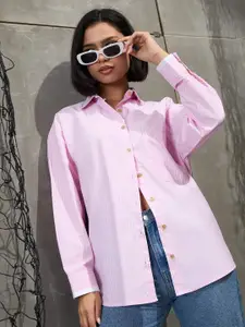 SASSAFRAS Women Relaxed Oversized Fit Spread Collar Vertical Striped Casual Shirt