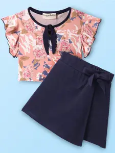CrayonFlakes Girls Printed Round Neck Top With Skorts