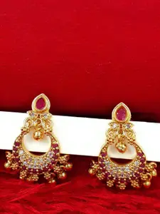 Anujeet Fashion Hub Gold-Plated American Diamond Studded Crescent Shaped Drop Earrings